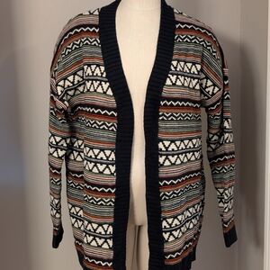 Long Geometric Duster Cardigan - Navy, White, Red, Green